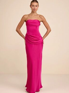 Lulus Verbena Magenta Satin Draped Strapless Maxi Dress